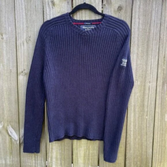 VINTAGE A&F Muscle Fit Sweater Y2K Ribbed Logo Rare Navy Medium - Picture 1 of 6